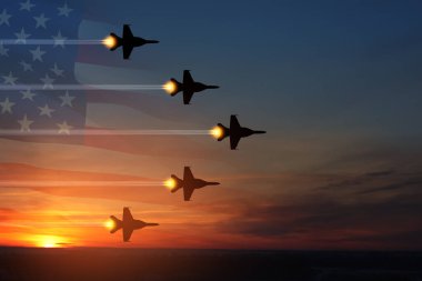 Air Force Day. Aircraft silhouettes on background of sunset with a transparent American flag.