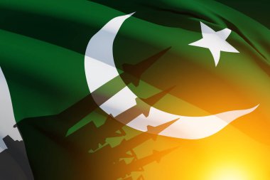 Pakistan bayrağı taşıyan füzeler. Nükleer bomba, kimyasal silahlar, füze savunması, yaylım ateşi sistemi..