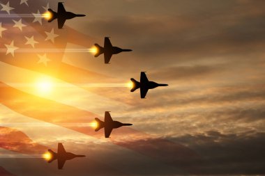 Air Force Day. Aircraft silhouettes on background of sunset with a transparent American flag.