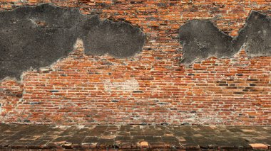 Eski bir depo tuğla duvarlı boş bir sokak. Yatay endüstriyel arka plan.