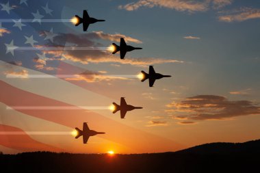 Air Force Day. Aircraft silhouettes on background of sunset with a transparent American flag.