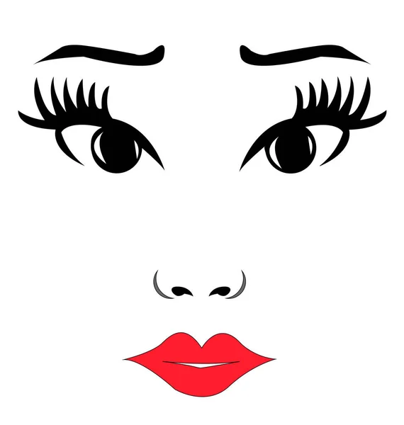 stock vector Illustration of a female face with red lips, nose and eyes on a white background, vector