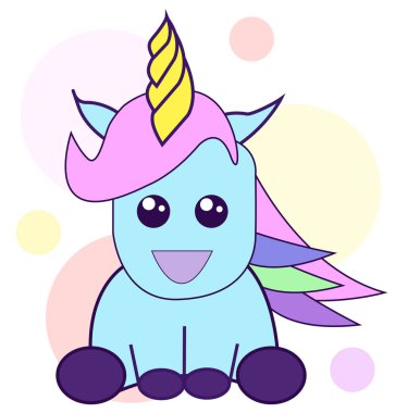 Mavi renkli şirin tek boynuzlu at pembe saçlı, vektör illüstrasyonlu oturuyor