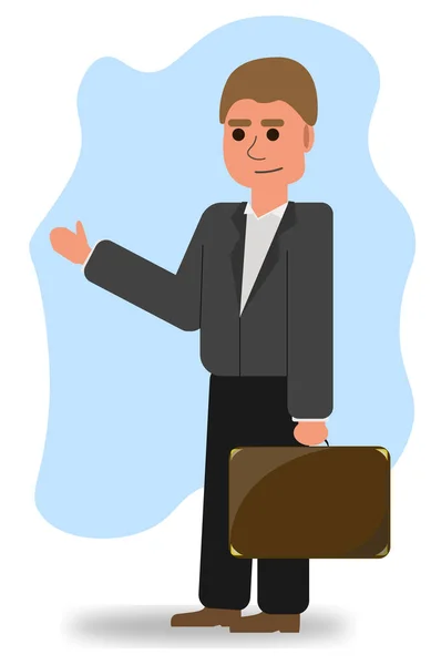 一个商人的侧视图 手里拿着一个手提箱 带着蓝色背景的矢量图形向前走着 — 图库矢量图片
