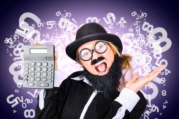 Image of a super excited male financial controller holding calculator showing credit surplus with finance growth. Numbers and figures background