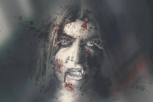 Horror scene of an evil dead vampire woman looking through bloody wet glass window with sinister stare. Night watch