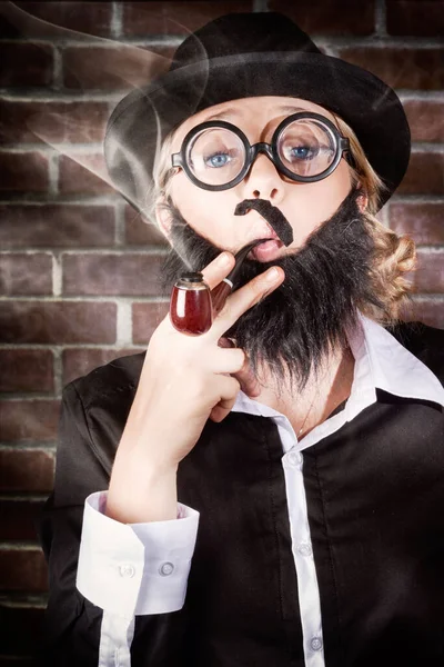 Funny private eye detective with wonky moe, fake beard, nerdy glasses and bowler hat smoking pipe in elementary style