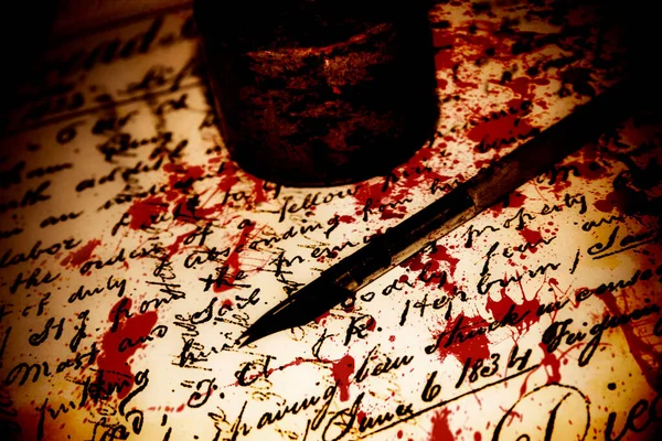 Antique Calligraphy Ink Pen And Pot Placed On Written Death Certificate With Bloody Hand Smears In A Written In Blood Concept