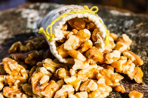 Outdoor food photo on a bag of walnuts spilling on country background. Nuts in nature
