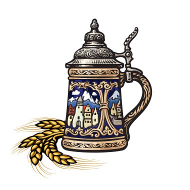 Eski ortaçağ şehri, arpa ya da buğday etiketi logosu şeklinde dekorasyonlu Alman stein bira kupası. El çizimi resimleme beyaz arkaplanda izole edildi.
