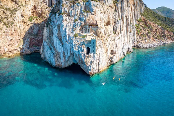 Aerial View Sea Coastline Sardinia Italy Porto Flavia Kayaks Stock Picture