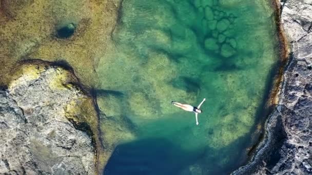 Aerial View Woman Bathing Natural Rock Pool Coastline Azores Islands — Stock Video