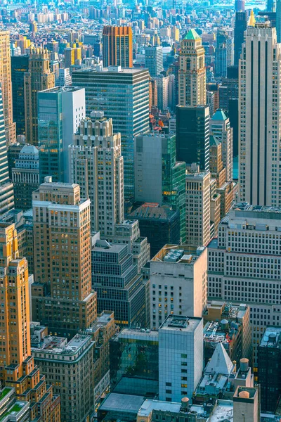 Luftudsigt Manhattans Skyline Ved Solnedgang New York City Helikoptervisning - Stock-foto
