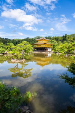 Altın Köşk. Japonya, Kyoto 'daki Kinkakuji Tapınağı. Yansıma, güneşli gün