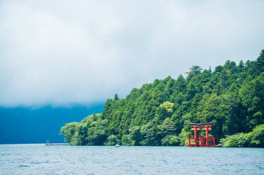 Sudan çıkan yemyeşil bir orman ve geleneksel Japon kırmızı torii kapılı göl manzarası.