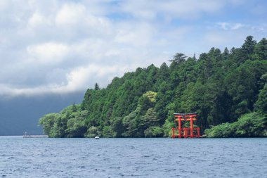 Sudan çıkan yemyeşil bir orman ve geleneksel Japon kırmızı torii kapılı göl manzarası.