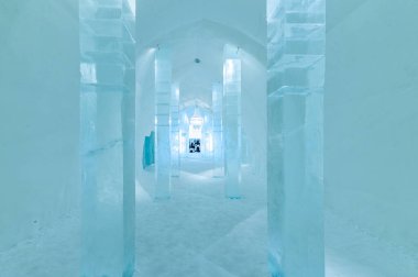 Jukkasjarvi, Sweden - January 04, 2022 : Ice art and furnitures at Ice Hotel in Jukkasjarvi, Sweden clipart