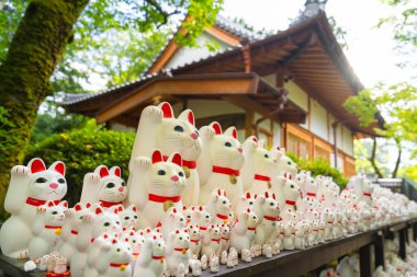 Gotoku-ji tapınağı ve Maneki-Neko kedi şekilli heykelcikler. Japonya