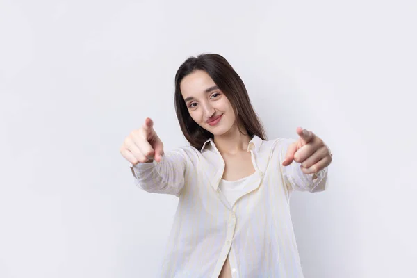 Happy Young Caucasian Female Shirt Pointing Fingers Away — Stock Photo, Image