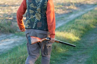 Mature hunter man holding a shotgun and walking through a field clipart