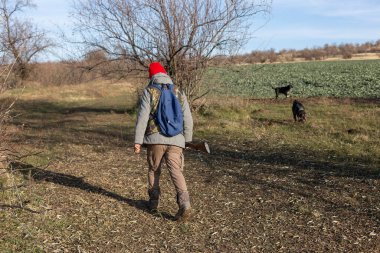 Olgun bir avcı elinde pompalı tüfekle tarlada yürüyor.