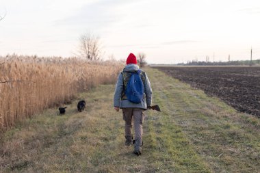 Olgun bir avcı elinde pompalı tüfekle tarlada yürüyor.