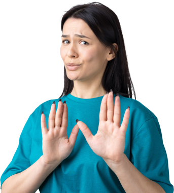 Rahatsız edici güzel esmer portresi, el hareketlerini durdurmak için kaldırıyor. Bu kadar yeter, teşekkürler..