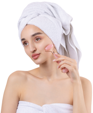 Kalın kaşlı güzel bir kız, beyaz arka planda mükemmel bir ten, kafasında havlu, güzel bir fotoğraf. Kozmetik rulo tutuyor..