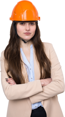 Takım elbiseli bir kız mimar ve turuncu bir miğfer beyaz arka planda duruyor..