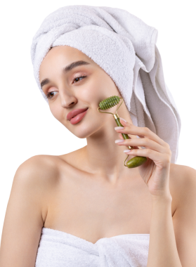 Kalın kaşlı güzel bir kız, beyaz arka planda mükemmel bir ten, kafasında havlu, güzel bir fotoğraf. Kozmetik rulo tutuyor..