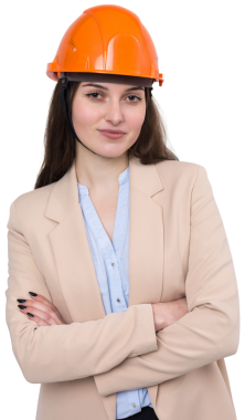 Takım elbiseli bir kız mimar ve turuncu bir miğfer beyaz arka planda duruyor..