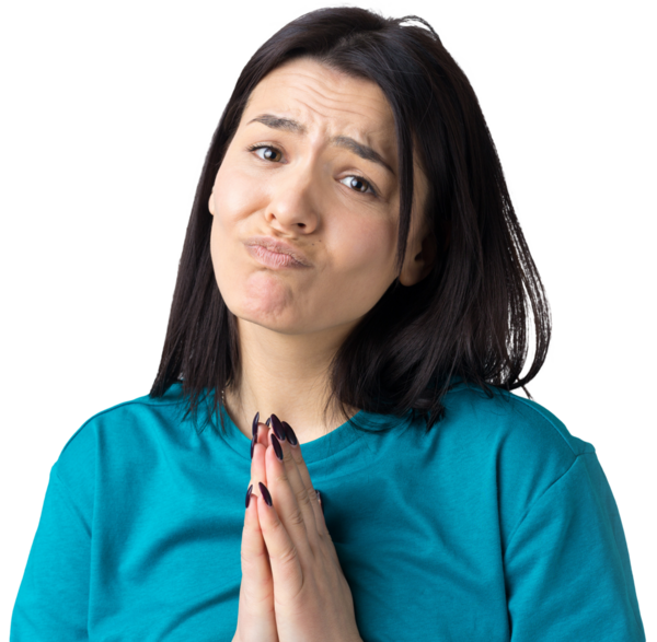 Çaresiz yüzlü güzel bir kız, yardım istiyor, avuç içlerini birbirine bastırıyor..