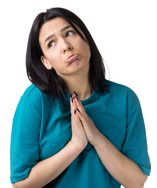 Çaresiz yüzlü güzel bir kız, yardım istiyor, avuç içlerini birbirine bastırıyor..