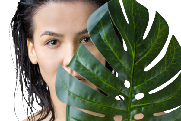 Doğal yeşil palmiye yaprağı portresi olan bir kadın. Moda, güzellik, makyaj, kozmetik.