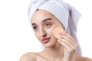 Kalın kaşlı güzel bir kız, beyaz arka planda mükemmel bir ten, kafasında havlu, güzel bir fotoğraf. Kozmetik sünger tutuyor..