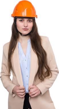 Takım elbiseli bir kız mimar ve turuncu bir miğfer beyaz arka planda duruyor..