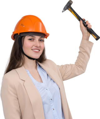 Beyaz arka planda çekici olan turuncu miğferli bir kız mühendis..