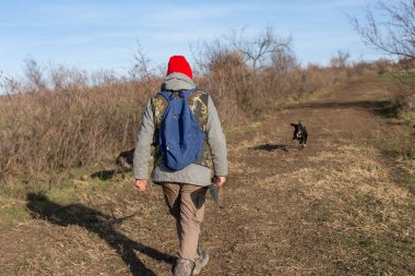 Olgun bir avcı elinde pompalı tüfekle tarlada yürüyor.