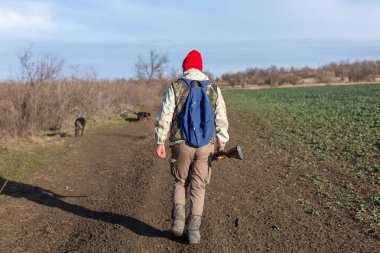 Olgun bir avcı elinde pompalı tüfekle tarlada yürüyor.