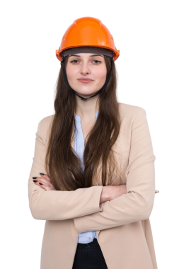 Takım elbiseli bir kız mimar ve turuncu bir miğfer beyaz arka planda duruyor..