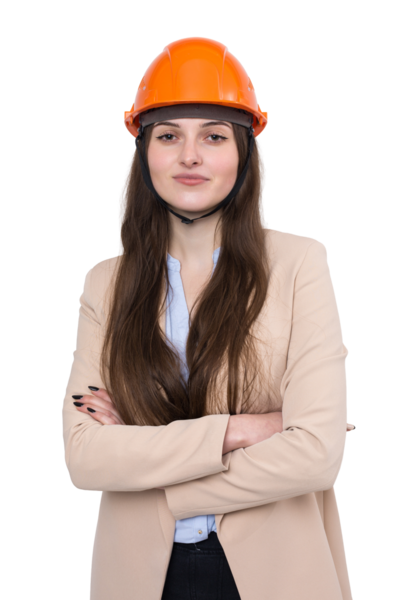 Takım elbiseli bir kız mimar ve turuncu bir miğfer beyaz arka planda duruyor..