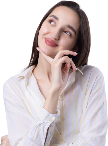 Beyaz arka planda soyutlanmış, düşünen güzel bir genç kadının portresi.