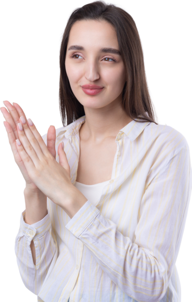 Beyaz arka planda soyutlanmış, düşünen güzel bir genç kadının portresi.