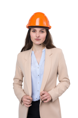 Takım elbiseli bir kız mimar ve turuncu bir miğfer beyaz arka planda duruyor..