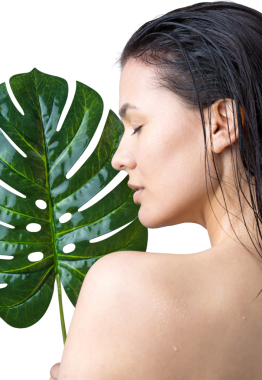 Doğal yeşil palmiye yaprağı portresi olan bir kadın. Moda, güzellik, makyaj, kozmetik.