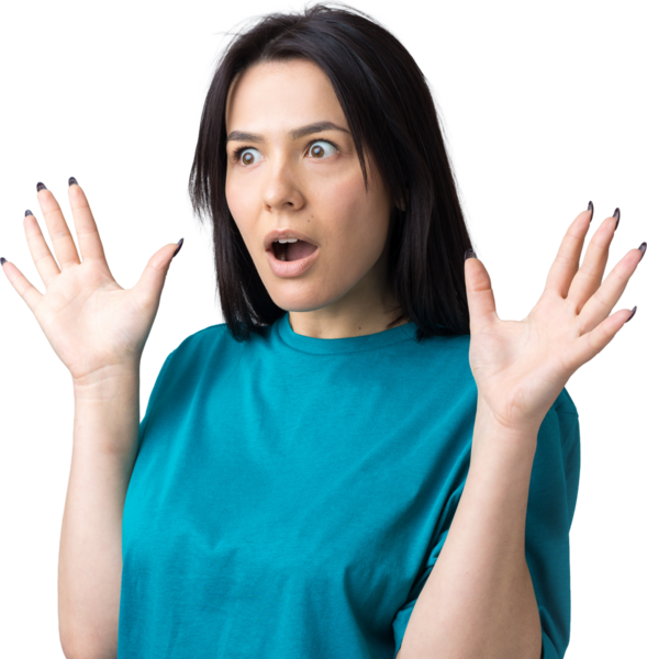 Young beautiful woman with facial expression of surprise standing over gray background.