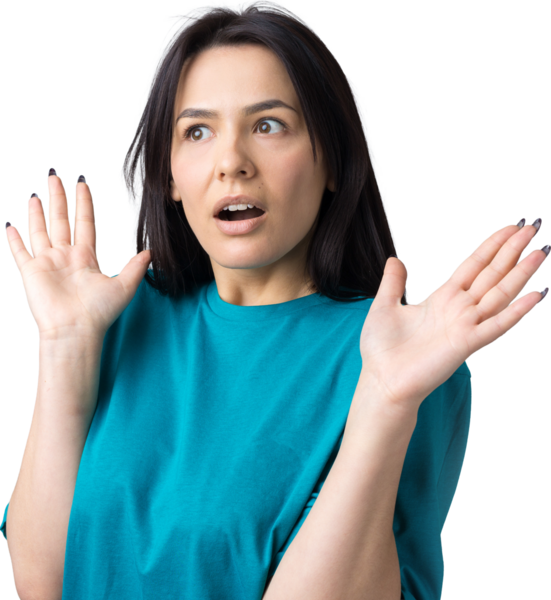 Young beautiful woman with facial expression of surprise standing over gray background.