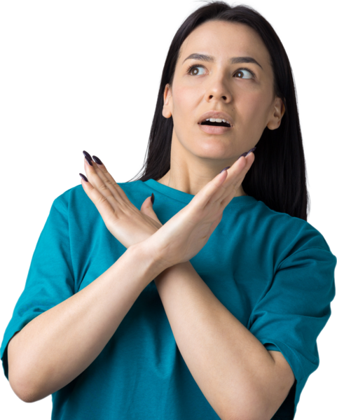 Karşılıklı el işareti olmadan onaylamayan bir kız inkar hareketi yapar. Gri arka planda güzel bir kadının portresi