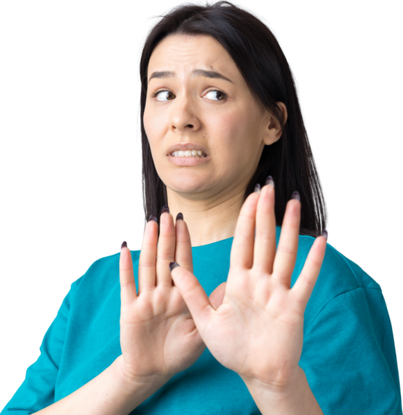 Rahatsız edici güzel esmer portresi, el hareketlerini durdurmak için kaldırıyor. Bu kadar yeter, teşekkürler..