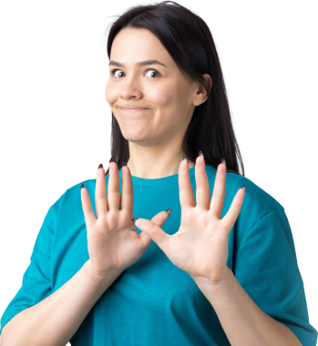 Rahatsız edici güzel esmer portresi, el hareketlerini durdurmak için kaldırıyor. Bu kadar yeter, teşekkürler..